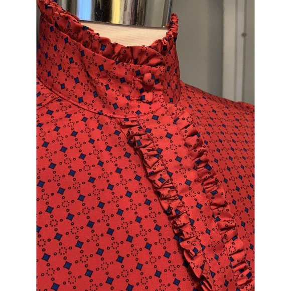 Vintage :: Red Polka Dot Secretary Blouse Size M Puffy Sleeve High Neck Ruffles - Picture 3 of 11